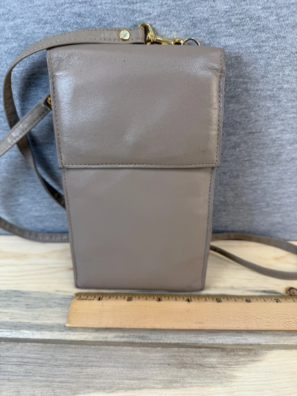 Genuine Leather Crossbody Slim Cell Phone Bag Gray Beige Taupe Detachable Strap